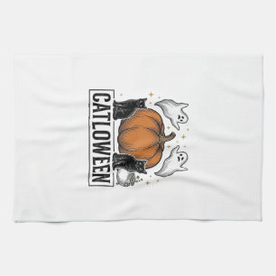 Catloween Black Cat Ghost Halloween Vector Design_ Tea Towel