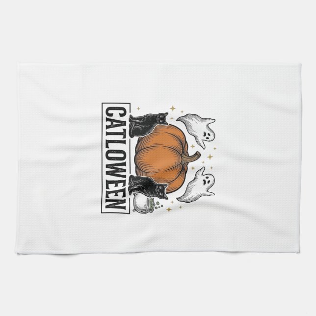 Catloween Black Cat Ghost Halloween Vector Design_ Tea Towel (Horizontal)