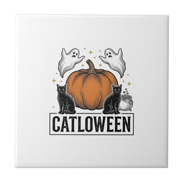 Catloween Black Cat Ghost Halloween Vector Design_ Tile (Front)