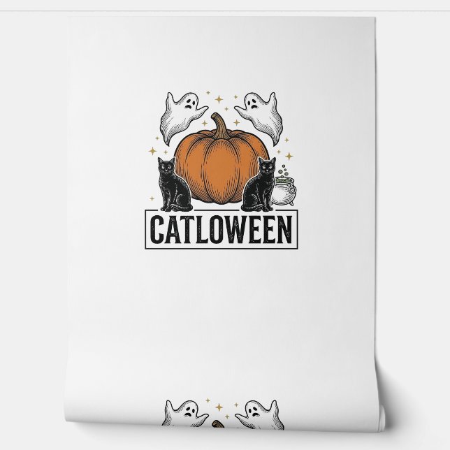 Catloween Black Cat Ghost Halloween Vector Design_ Wallpaper (Unrolling)