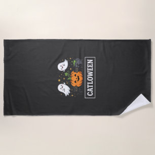 Catloween Cute Ghost Cat Halloween Design_1 Beach Towel