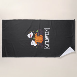 Catloween Funny Halloween Cat Ghost Pumpkin Design Beach Towel