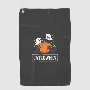 Catloween Funny Halloween Cat Ghost Pumpkin Design Golf Towel