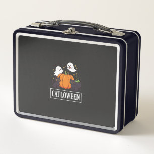 Catloween Funny Halloween Cat Ghost Pumpkin Design Metal Lunch Box