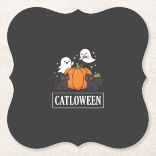 Catloween Funny Halloween Cat Ghost Pumpkin Design Paper Coaster