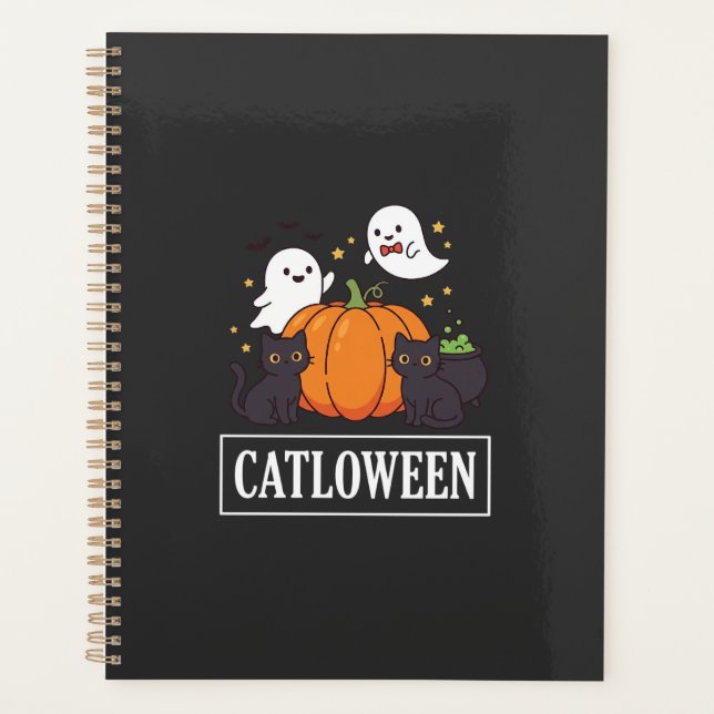 Catloween Funny Halloween Cat Ghost Pumpkin Design Planner (Front)