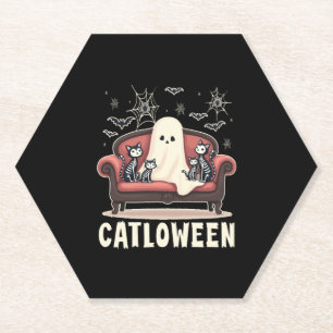 Catloween Ghost Halloween Paper Coaster