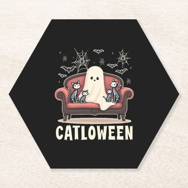 Catloween Ghost Halloween Paper Coaster (Front)