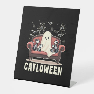 Catloween Ghost Halloween Pedestal Sign