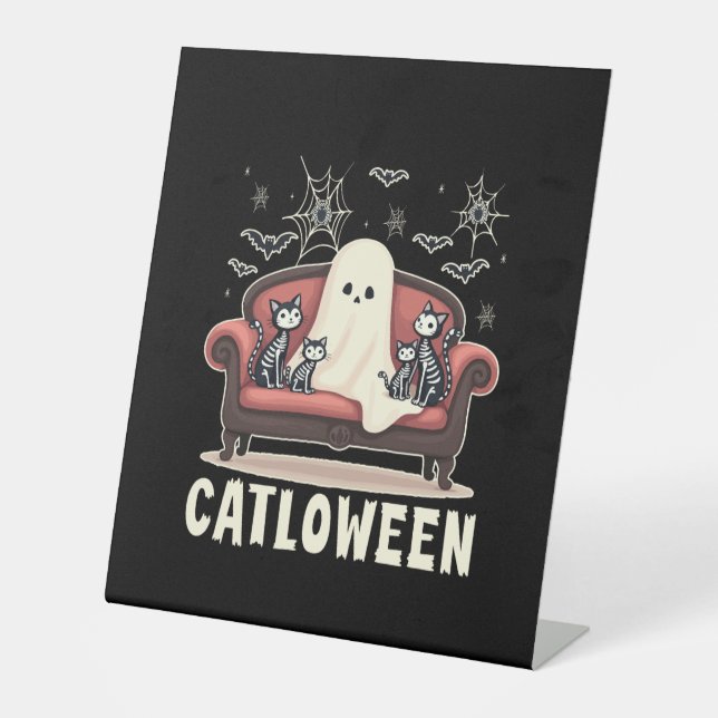 Catloween Ghost Halloween Pedestal Sign (Front)