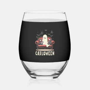 Catloween Ghost Halloween Stemless Wine Glass