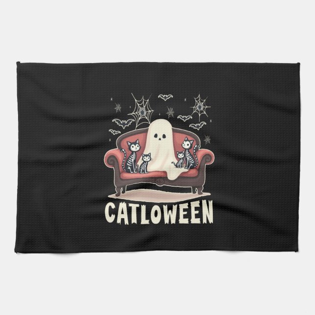 Catloween Ghost Halloween Tea Towel (Horizontal)