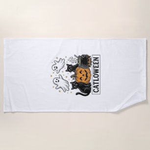 Catloween Vintage Ghost Cat Halloween Shirt Design Beach Towel