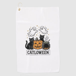 Catloween Vintage Ghost Cat Halloween Shirt Design Golf Towel