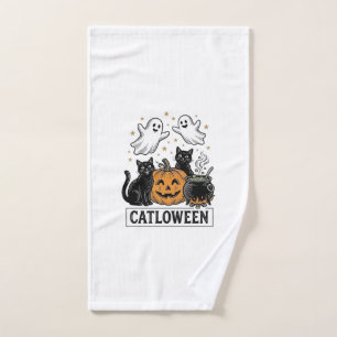 Catloween Vintage Ghost Cat Halloween Shirt Design Hand Towel