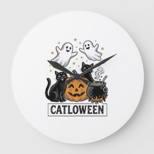 Catloween Vintage Ghost Cat Halloween Shirt Design Large Clock