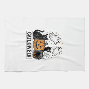 Catloween Vintage Ghost Cat Halloween Shirt Design Tea Towel