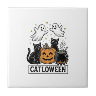 Catloween Vintage Ghost Cat Halloween Shirt Design Tile
