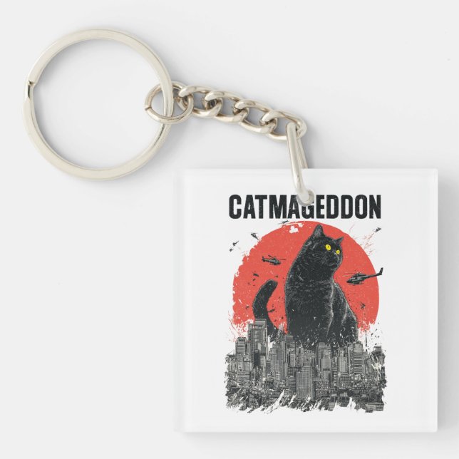 Catmageddon Giant Cat Monster City Kaiju Funny Pet Key Ring (Front)