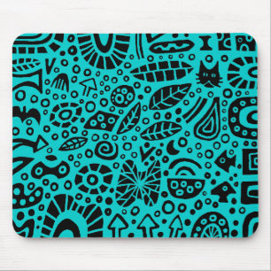 Catnip Dreams - Black on Blue 00CCCC Mouse Mat