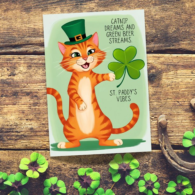  Catnip Dreams: St. Paddy's Edition Greeting Card (St. Patrick's Day cat card, Irish greeting card, cute cat design, leprechaun-themed card, shamrock )