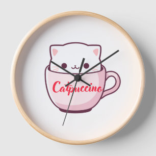 "Catpuccino Cute Cat Coffee Cup Wall Clock" Clock