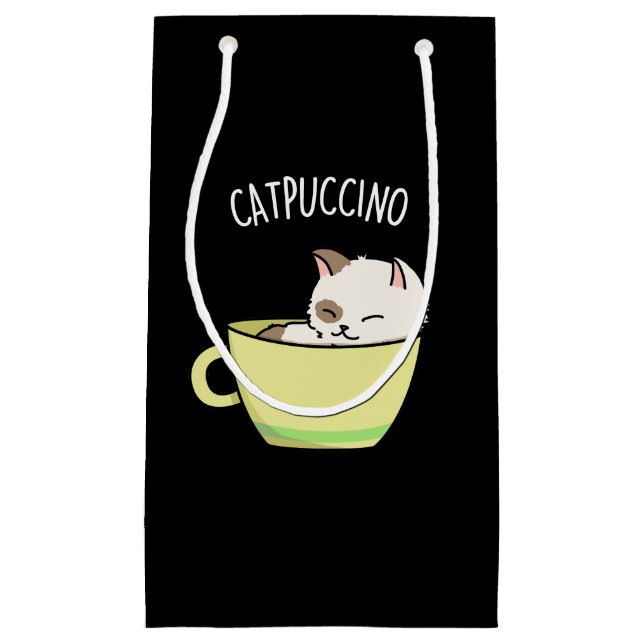 Catpuccino Funny Kitty Cat In Cup Pun Dark BG Small Gift Bag (Front)