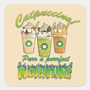 Catpuccino – Purr a Purrfect Morning Cute Cat Square Sticker