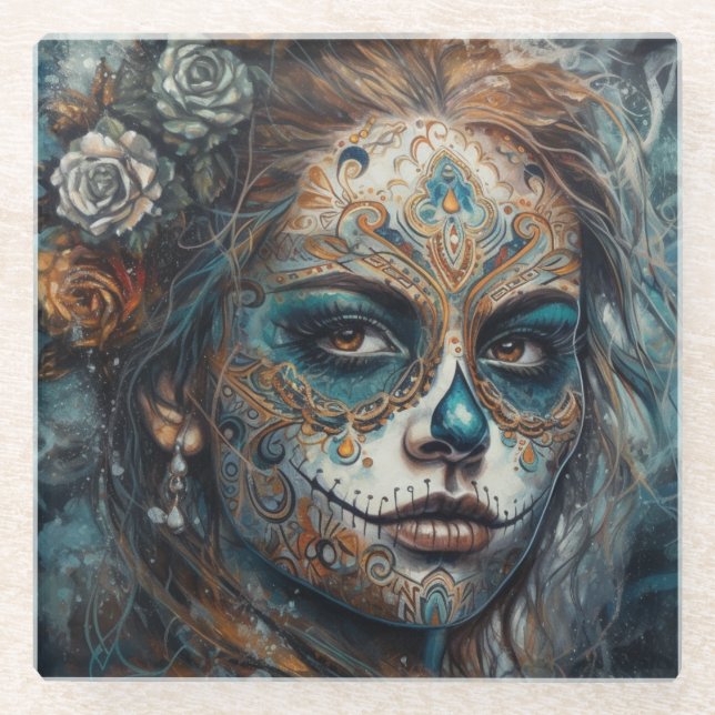 Catrina Azul Glass Coaster (Front)