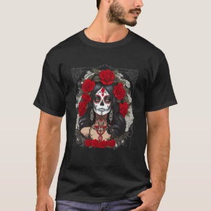 Catrina Day Sugar Skull RED Roses Los Muertos Hall T-Shirt