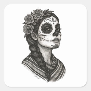 Catrina Mexicana Sarape Y Rosas Dia de Muertos Square Sticker