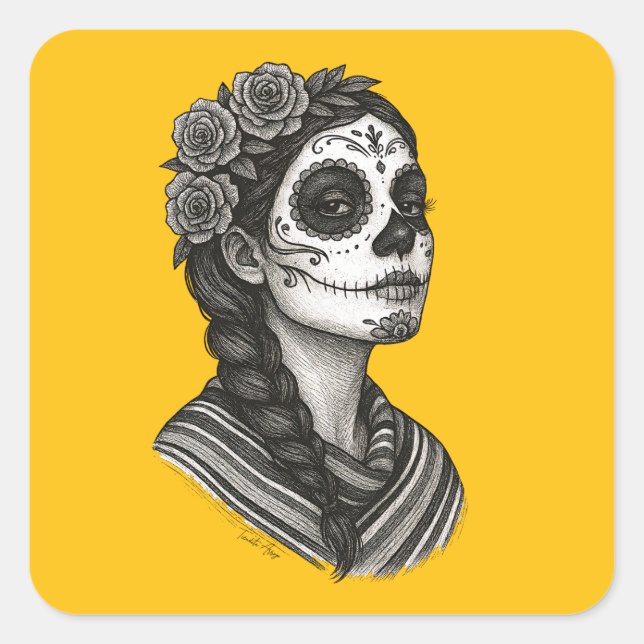 Catrina Mexicana Sarape Y Rosas Dia de Muertos Square Sticker (Front)