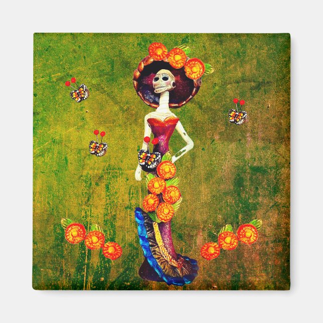 Catrina W/Hat, Orange Flowers & Blue Gold Ruffles Magnet (Front)