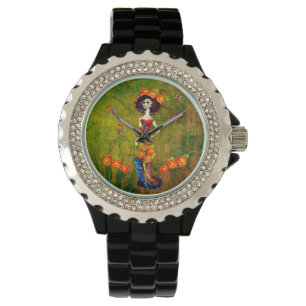 Catrina W/Hat, Orange Flowers & Blue Gold Ruffles Watch