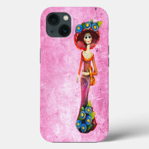 Catrina W/Red Dress & Blue Flowers On Pink Washed iPhone 13 Case