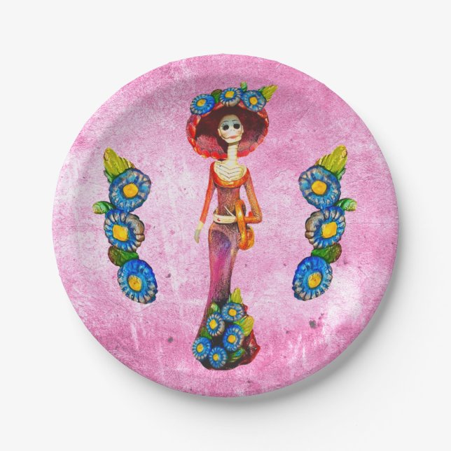 Catrina W/Red Dress & Blue Flowers On Pink Washed Paper Plate (Front)