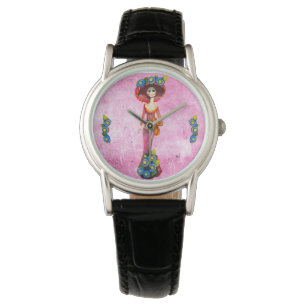 Catrina W/Red Dress & Blue Flowers On Pink Washed Watch