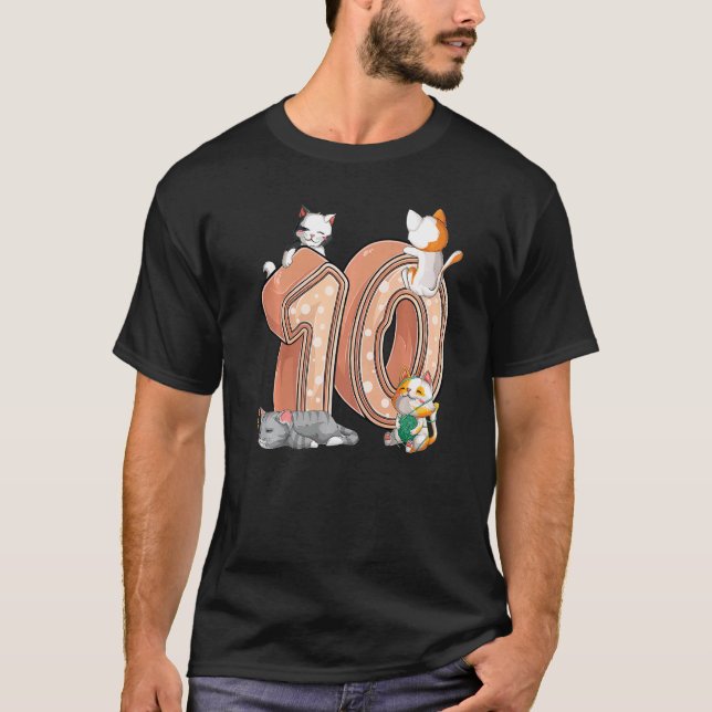 Cats 10th Birthday Party Ten 10 Years Old Kitten P T-Shirt (Front)