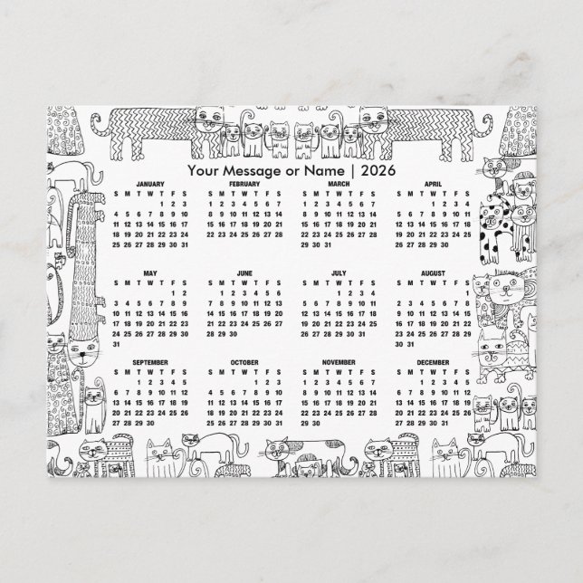 Cats 2026 Calendar Personalised Message or Name Postcard (Front)