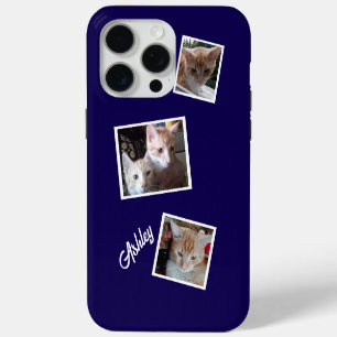 Cats 3 Photos Collage Pets Name Navy Blue iPhone 15 Pro Max Case