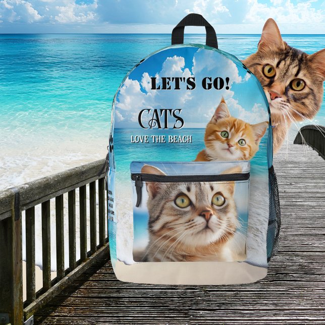 Cats and Beach Colourful Photo Printed Backpack (Fun backpack featuring your photo on the pocket and a tropical turquoise beach with cute kitten)