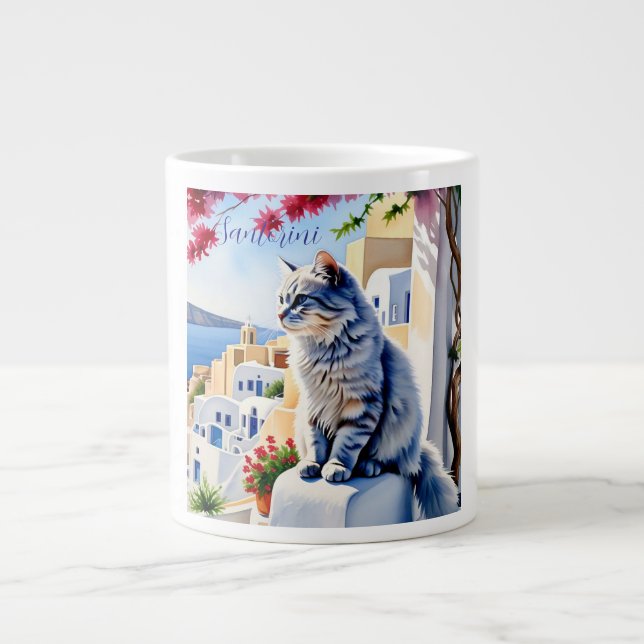 Cats and Beauty of Santorini Large Coffee Mug (Front)