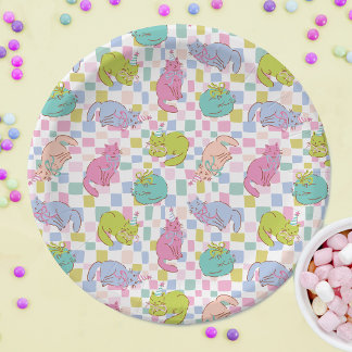 Cats and Bows, Bright Color Cat Birthday Paper Plate