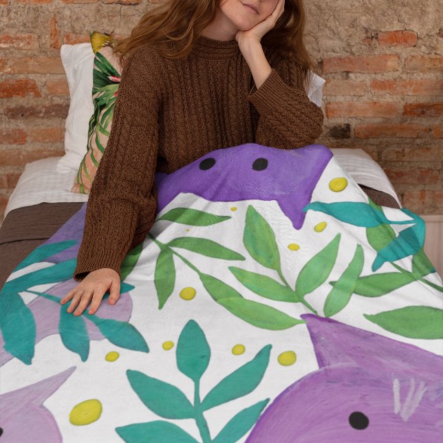 Cats and branches - purple and green fleece blanket (Creator Uploaded)