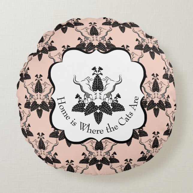 Cats and Catnip Damask Look Pattern Round Cushion (Front)
