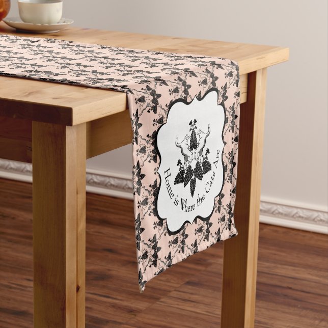 Cats and Catnip Damask Look Pattern Short Table Runner (In Situ)