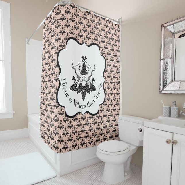 Cats and Catnip Damask Look Pattern Shower Curtain (In Situ)