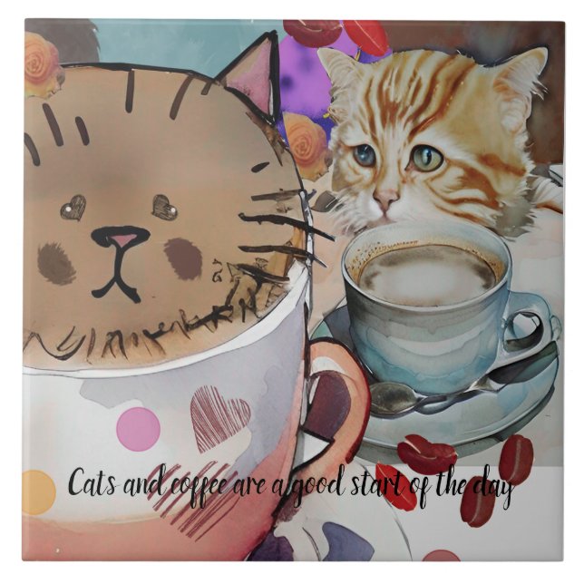 Cats and coffee and custom text tile (Front)
