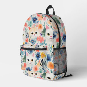 Cats and colourful flowers seamless pattern printed backpack