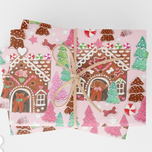 Cats and dogs gingerbread house gift bag wrapping  paper sheet